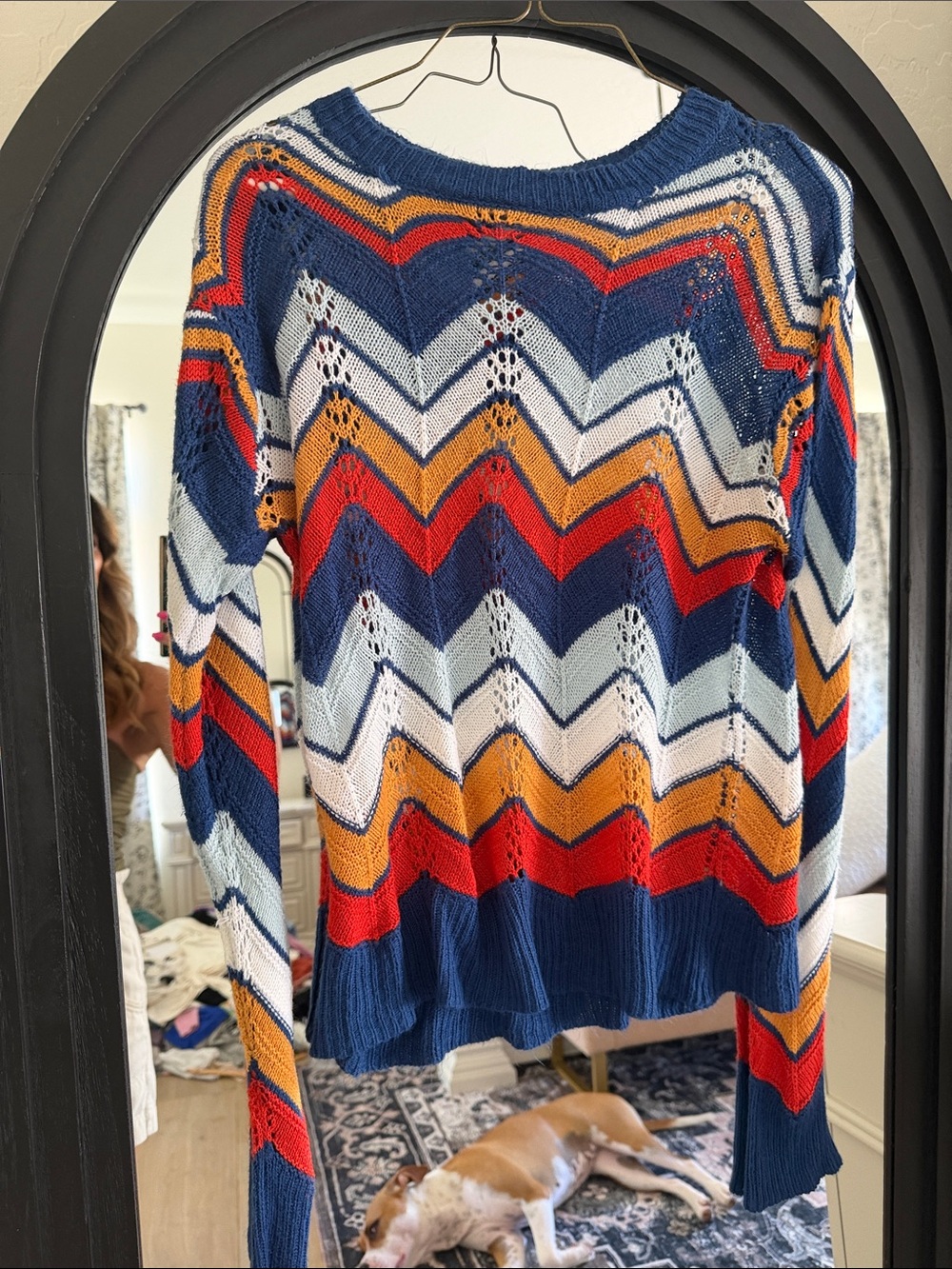 Women’s Chevron Open-Knit Sweater - Navy, Red, Mustard, White